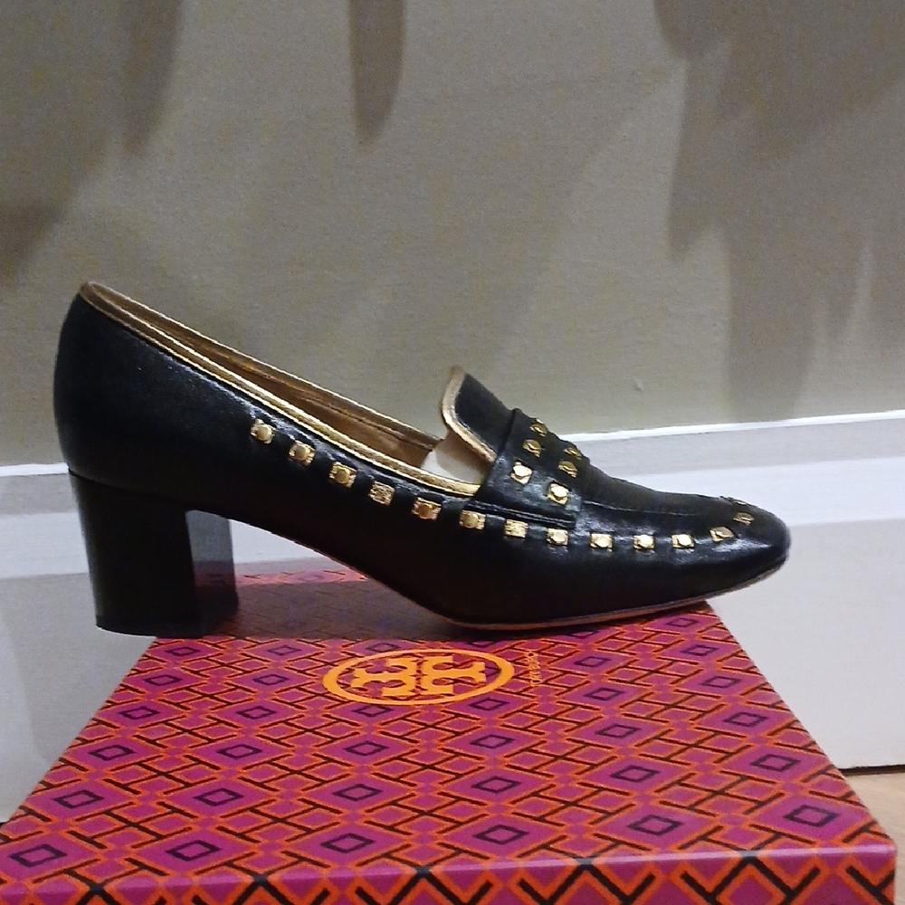 Tory Burch Black Leather Studded Block Heel Loafers with Gold Trim
